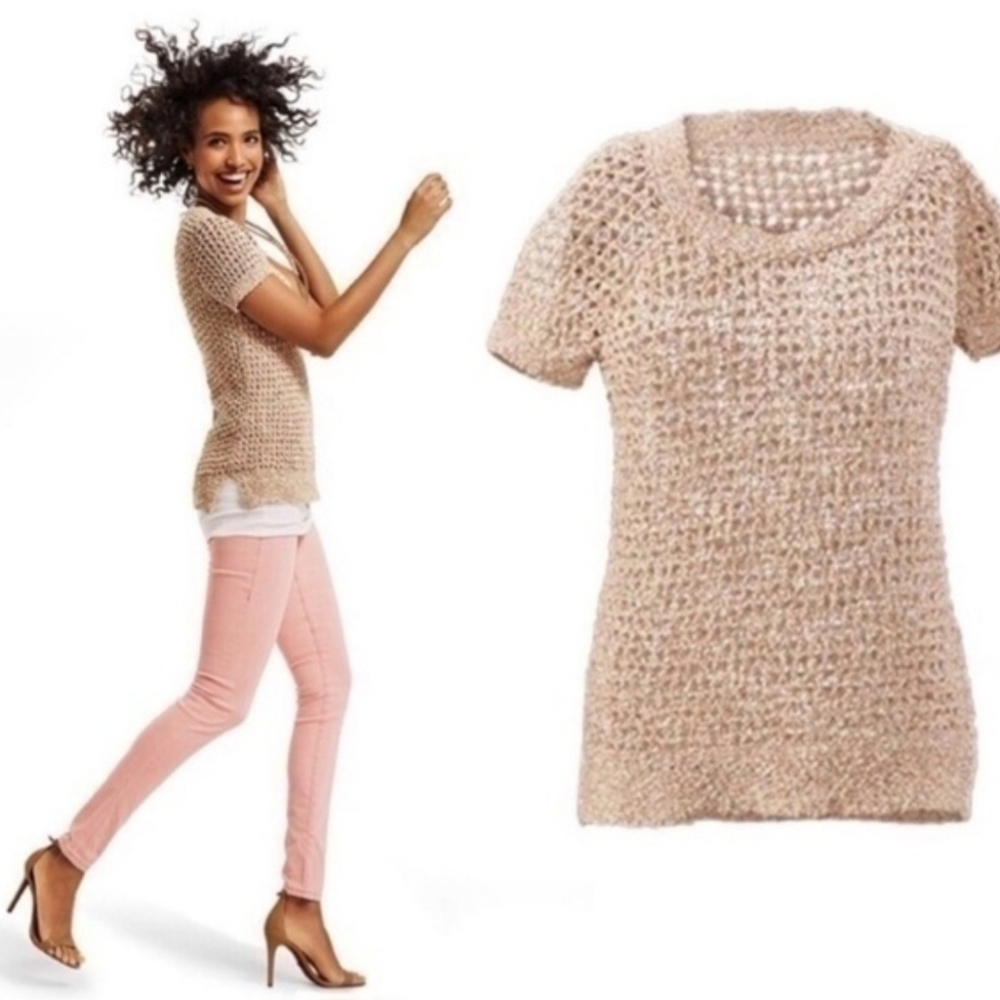 Cabi Sorbet Open Knit Short Sleeve Sweater Pullover Earthy Lightweight Medium